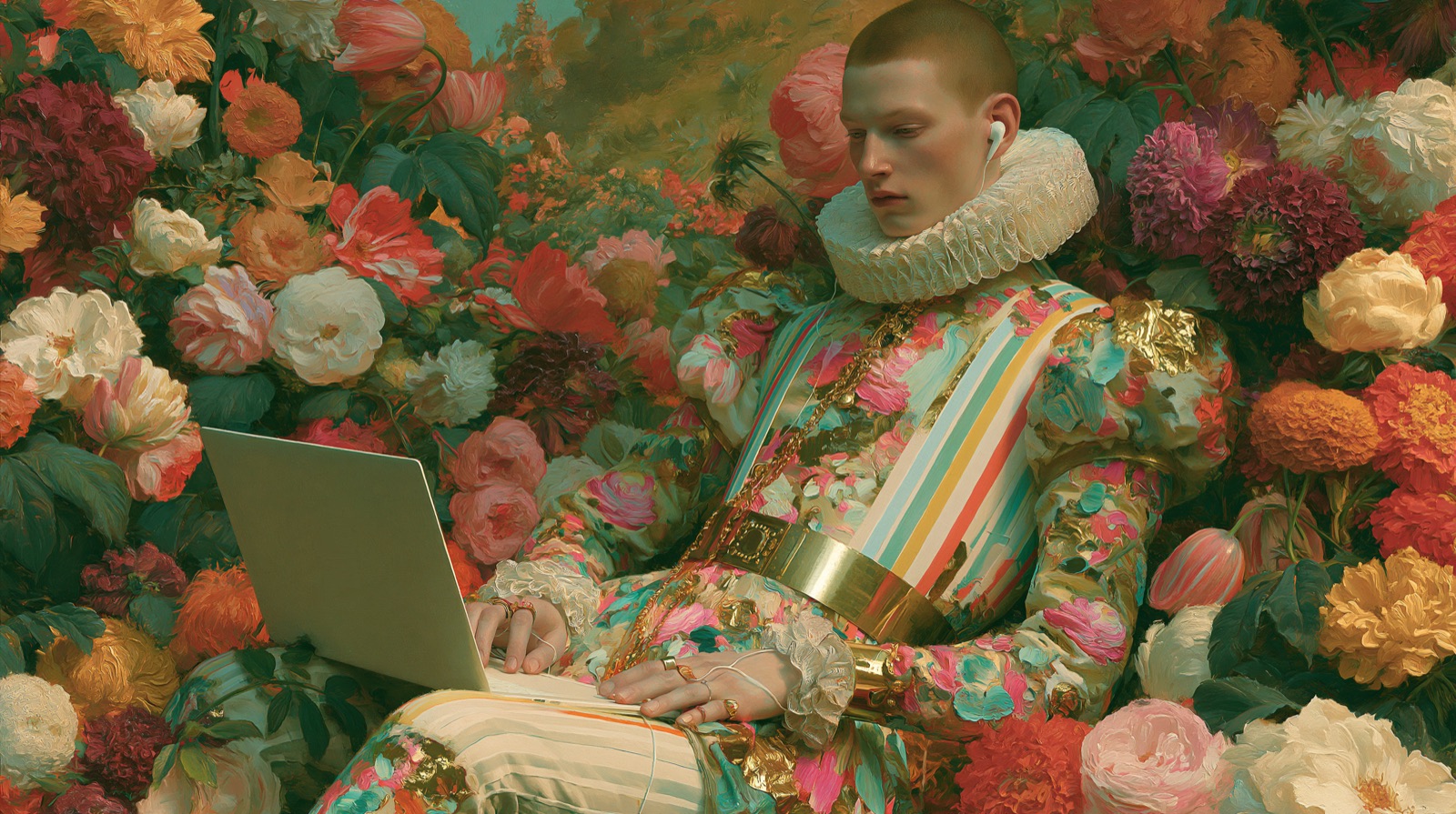 A seller surrounded by flowers, broadcasting from a laptop