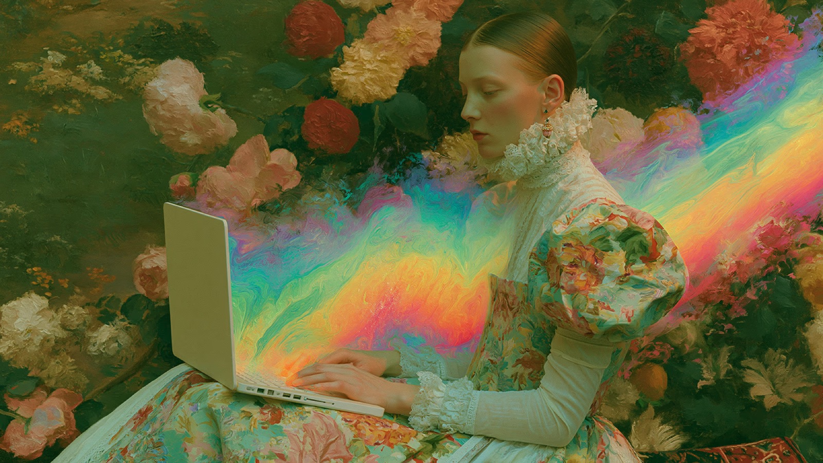 A figure at a laptop wrapped in colour