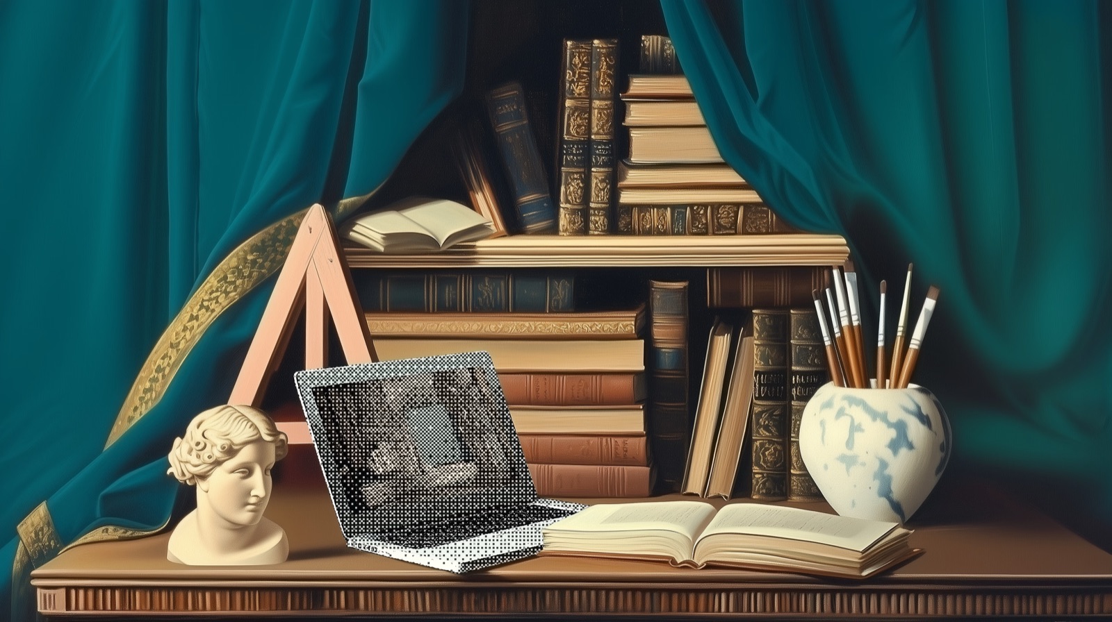 A classic study reimagined with a laptop among the books