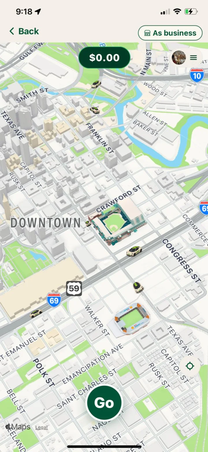The Cyca driver map — vehicles moving on real streets, the Go switch, the day's balance