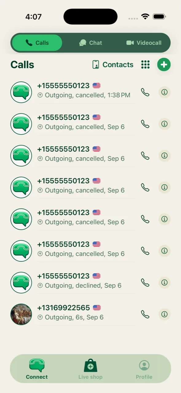 The Cyca calls screen — the green button shows who is online